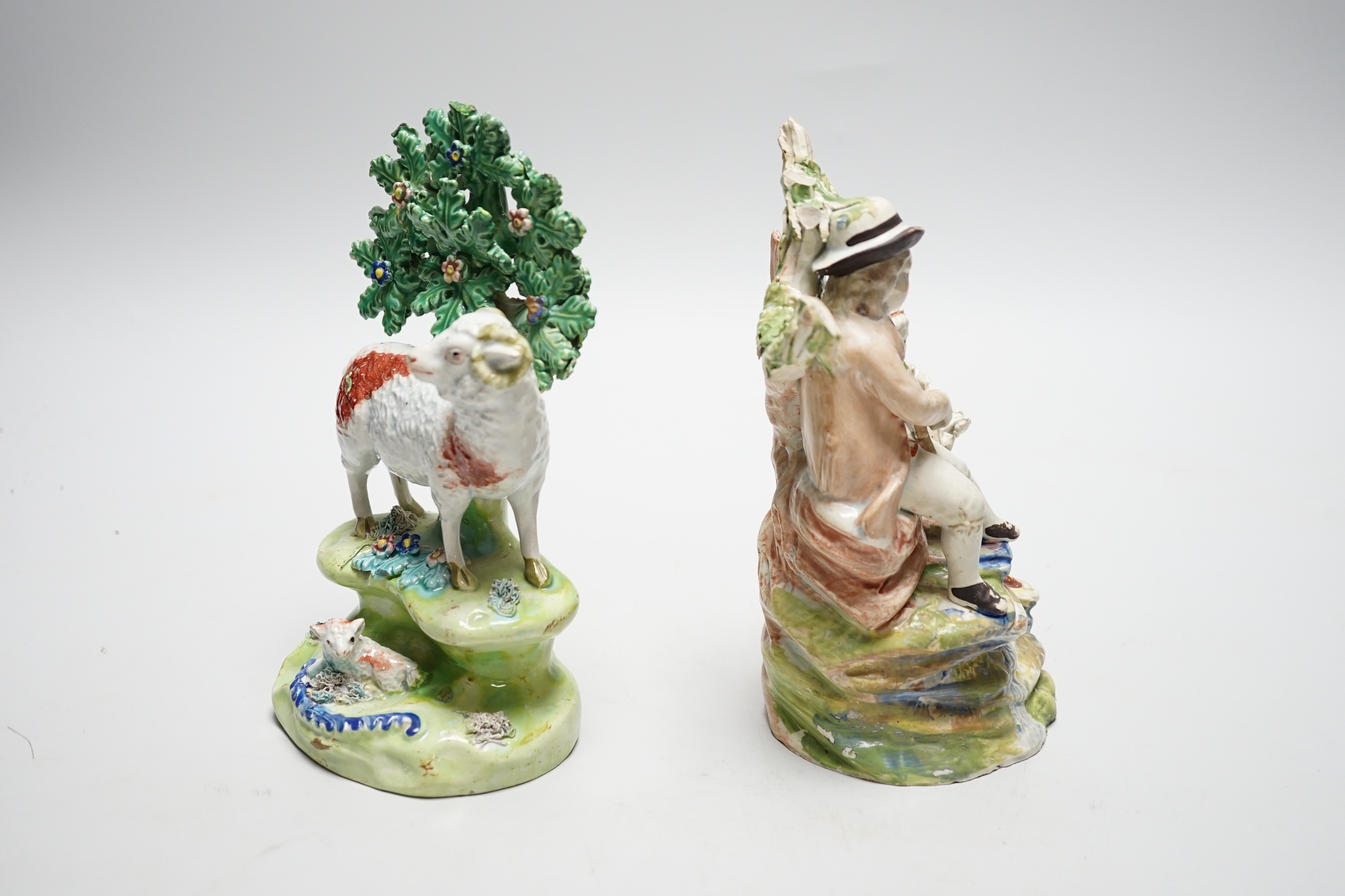 A Walton pearlware figure of a ram, c.1820 and an Enoch Wood type figure group, c. 1800, tallest 19cm